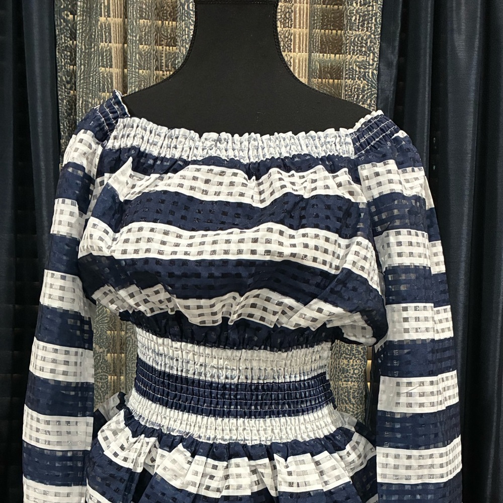 Blue and White Smocked Peplum Blouse with Long Sleeves